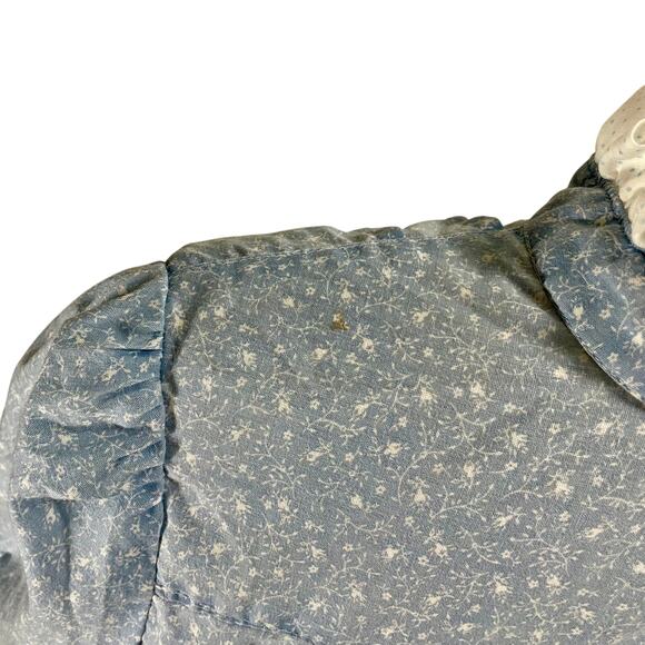 Vintage 80s Blue Top Best Times Floral Ruffle High Neck Smocked Blouse Medium - Picture 8 of 9